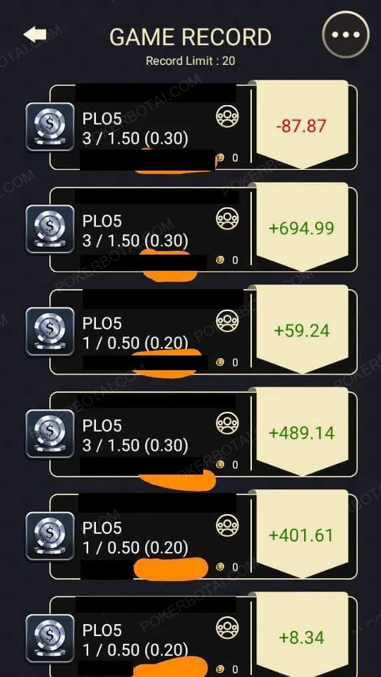 Pokerrrr2 game record showing PLO5 session results with natural variance: -87, +694, +59, +489, +401, +8 USD